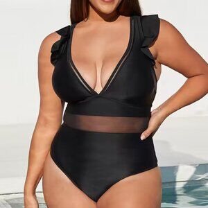 Cupshe Black Ruffle Plunge One Piece Swimsuit Plus Size 0X – NWT
